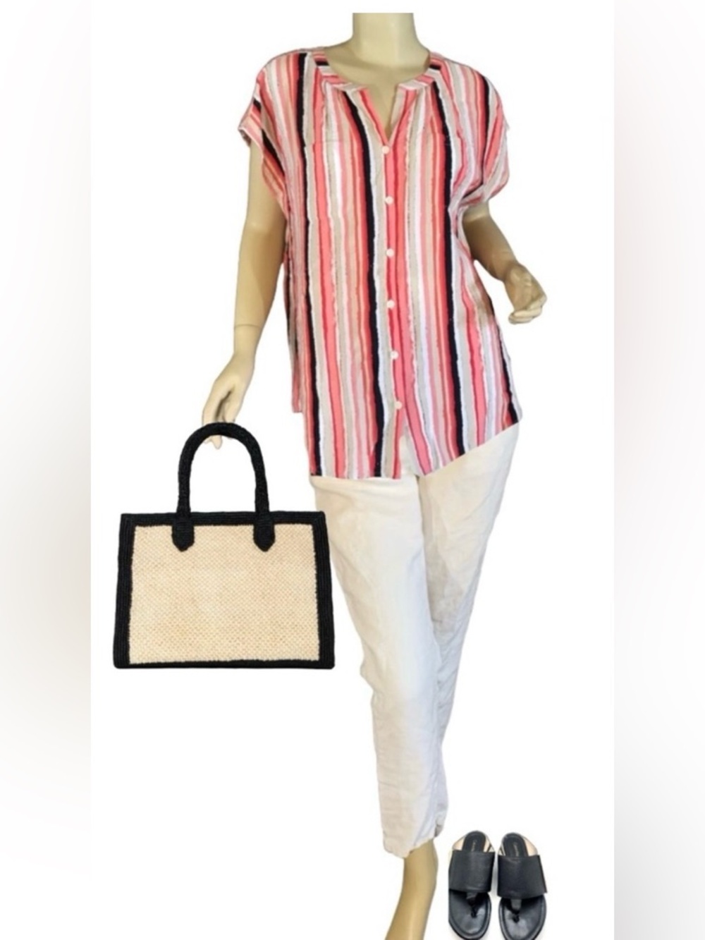 VAN HEUSEN ORANGE BLACK & BEIGE STRIPED BUTTON DOWN TUNIC (L)
